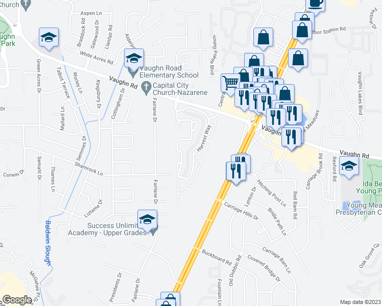 map of restaurants, bars, coffee shops, grocery stores, and more near 4712 Harvest Way in Montgomery
