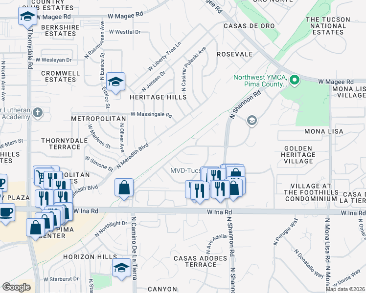 map of restaurants, bars, coffee shops, grocery stores, and more near 7424 North Stanton Place in Tucson