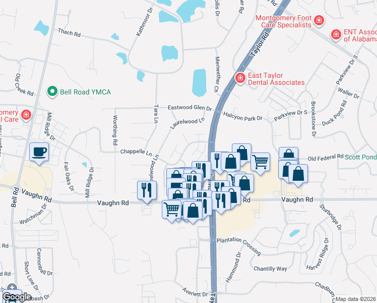 map of restaurants, bars, coffee shops, grocery stores, and more near 8377 Grand Oaks Court in Montgomery