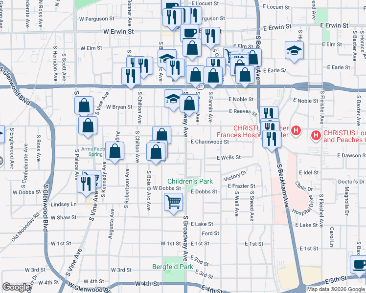 map of restaurants, bars, coffee shops, grocery stores, and more near 723 South Broadway Avenue in Tyler