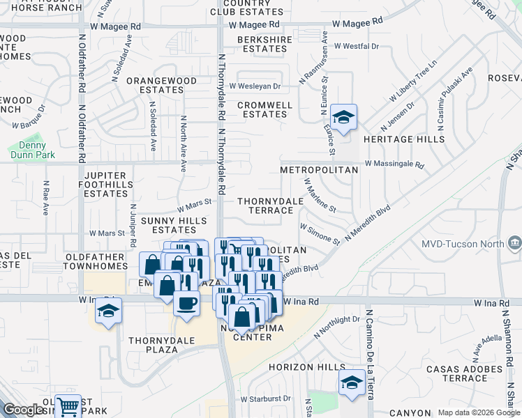 map of restaurants, bars, coffee shops, grocery stores, and more near 3671 West Arrowwood Place in Tucson