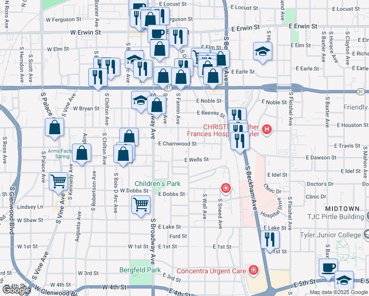 map of restaurants, bars, coffee shops, grocery stores, and more near 727 South Donnybrook Avenue in Tyler