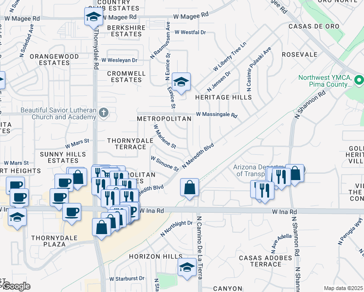 map of restaurants, bars, coffee shops, grocery stores, and more near 3350 West Marlene Street in Tucson