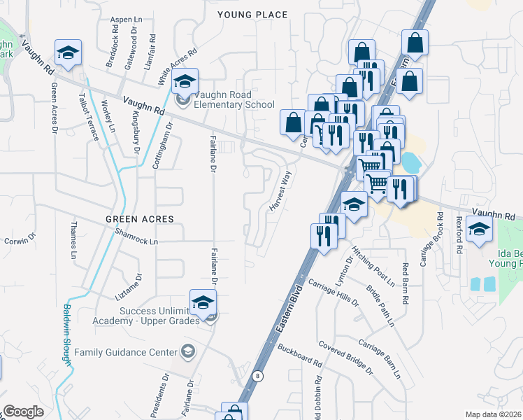 map of restaurants, bars, coffee shops, grocery stores, and more near 4731 Harvest Way in Montgomery