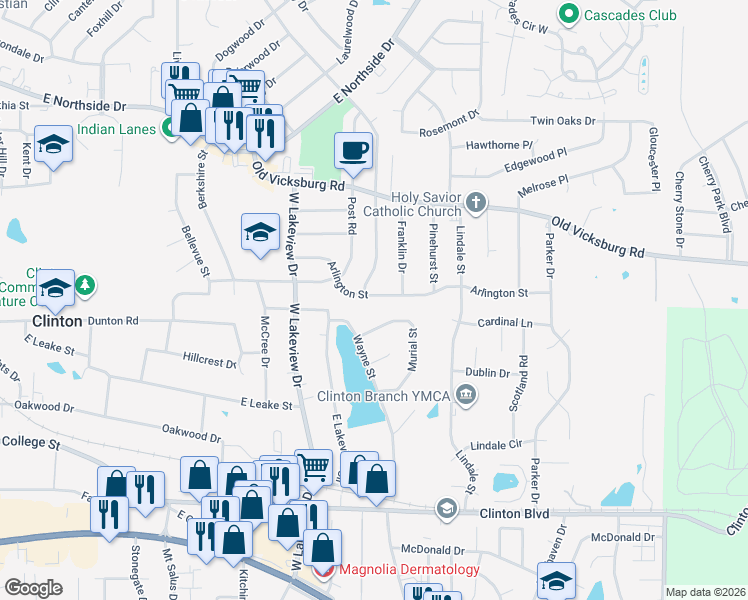 map of restaurants, bars, coffee shops, grocery stores, and more near 703 Franklin Drive in Clinton