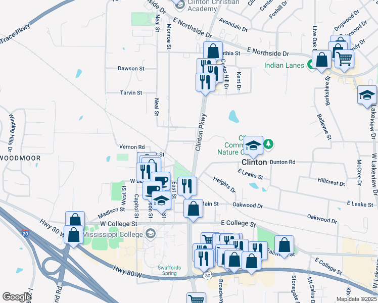 map of restaurants, bars, coffee shops, grocery stores, and more near 117 McRaven Street in Clinton