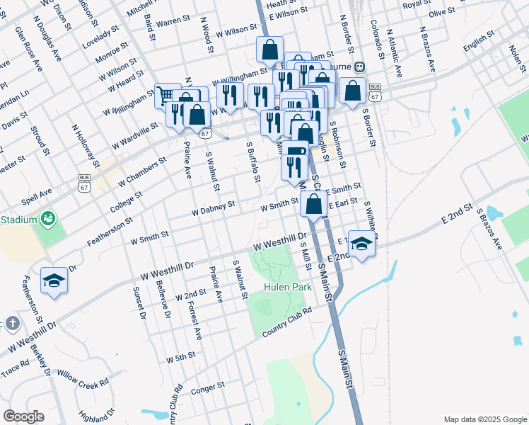map of restaurants, bars, coffee shops, grocery stores, and more near 302 West Smith Street in Cleburne