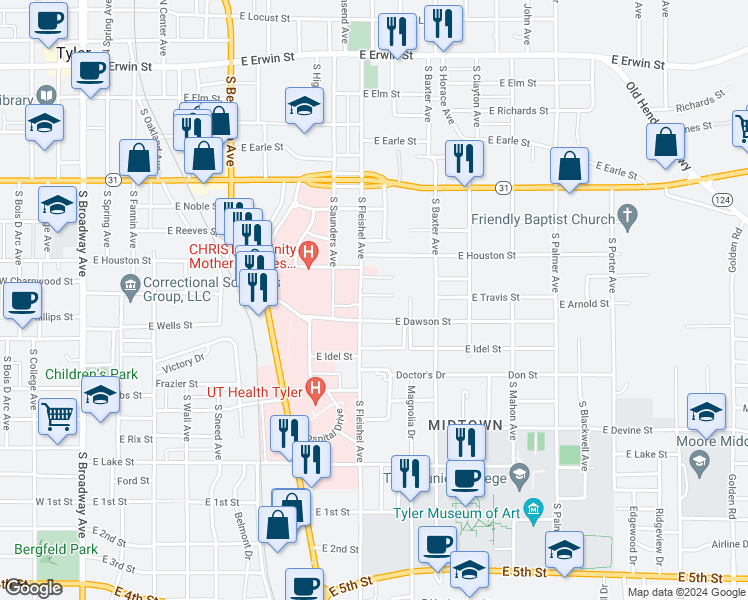 map of restaurants, bars, coffee shops, grocery stores, and more near 1111 East Travis Street in Tyler