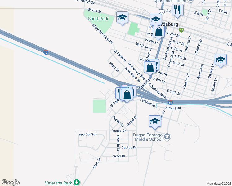 map of restaurants, bars, coffee shops, grocery stores, and more near 1225-1399 Lead Street in Lordsburg