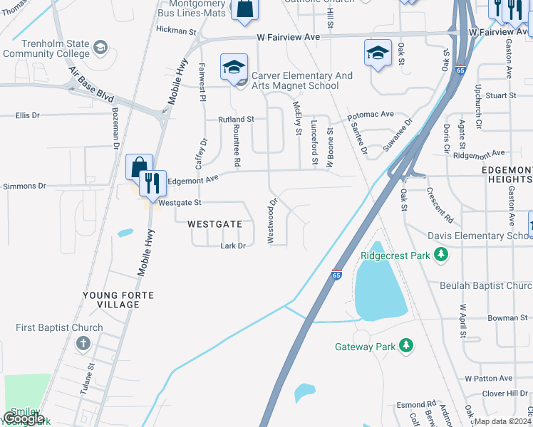 map of restaurants, bars, coffee shops, grocery stores, and more near 2616 Westwood Drive in Montgomery