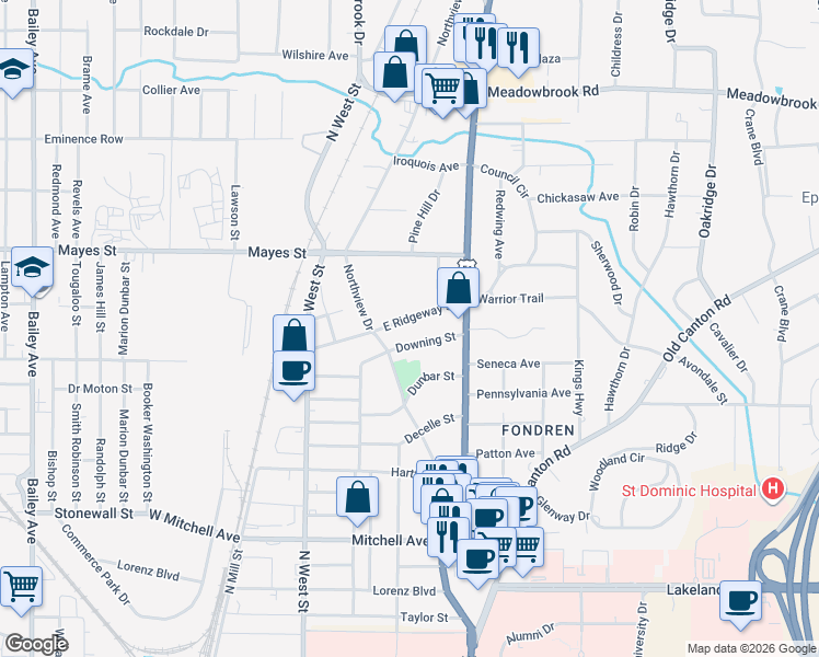 map of restaurants, bars, coffee shops, grocery stores, and more near 428 East Ridgeway Street in Jackson