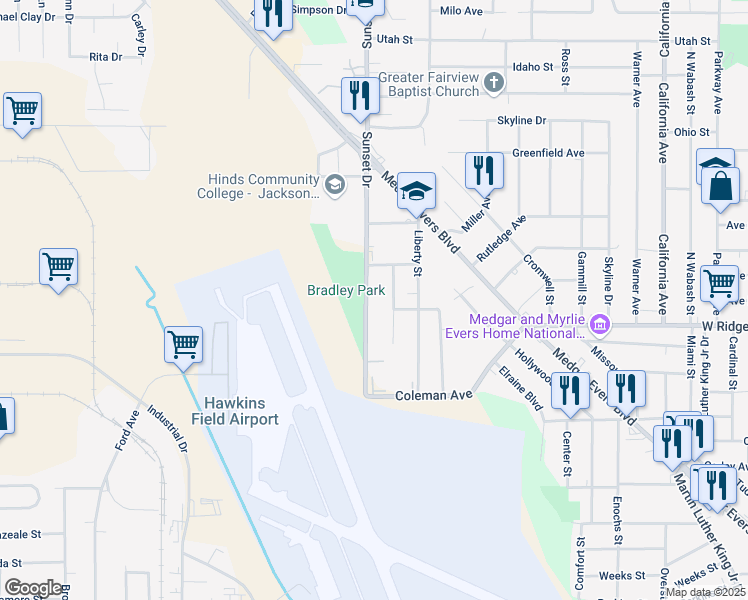 map of restaurants, bars, coffee shops, grocery stores, and more near 3737 Hancock Street in Jackson