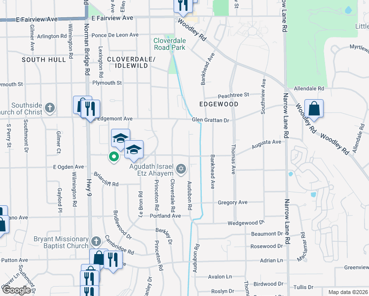 map of restaurants, bars, coffee shops, grocery stores, and more near 3427 East Audubon Road in Montgomery