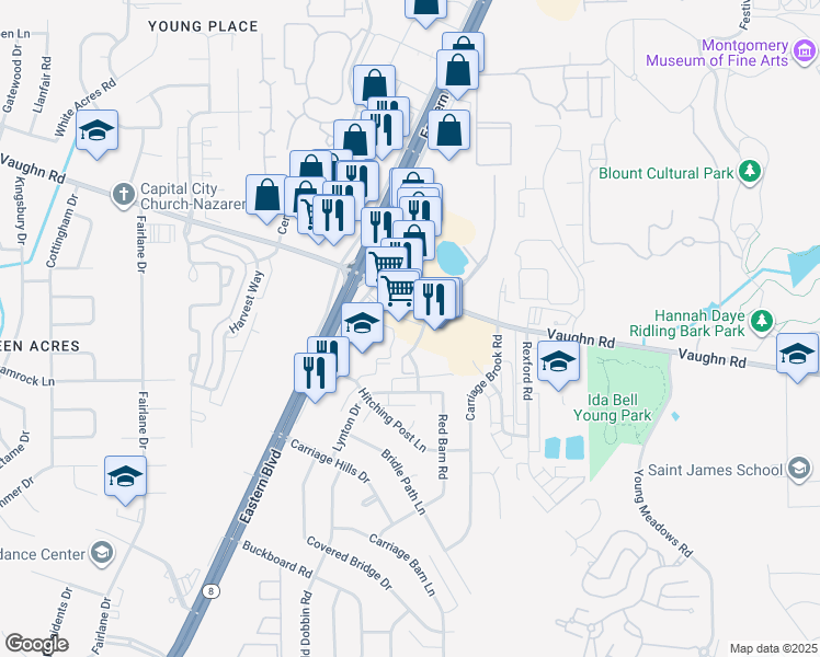 map of restaurants, bars, coffee shops, grocery stores, and more near 2800-2826 Vaughn Plaza Road in Montgomery