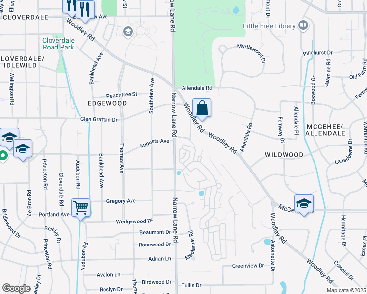 map of restaurants, bars, coffee shops, grocery stores, and more near 3400 Dartmouth Circle in Montgomery