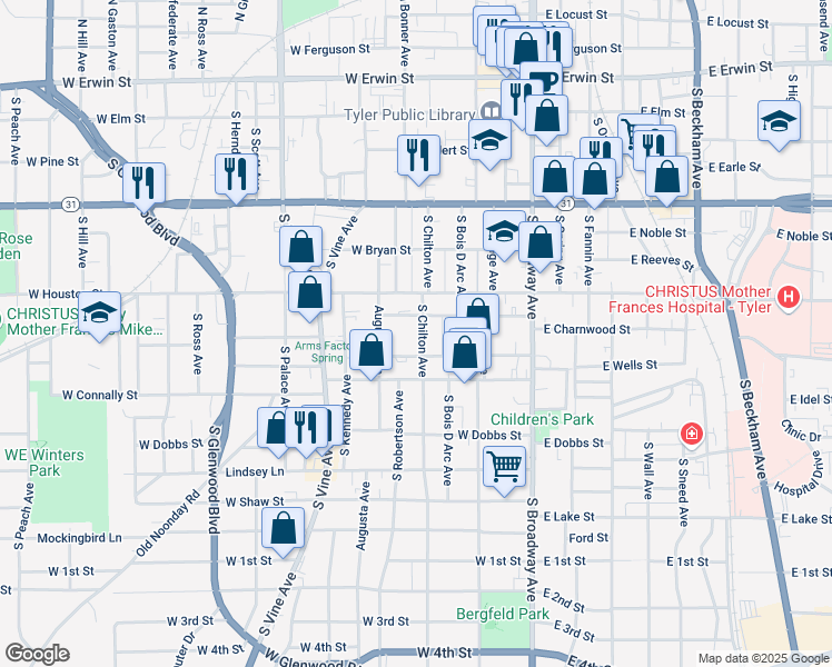 map of restaurants, bars, coffee shops, grocery stores, and more near 512 West Charnwood Street in Tyler