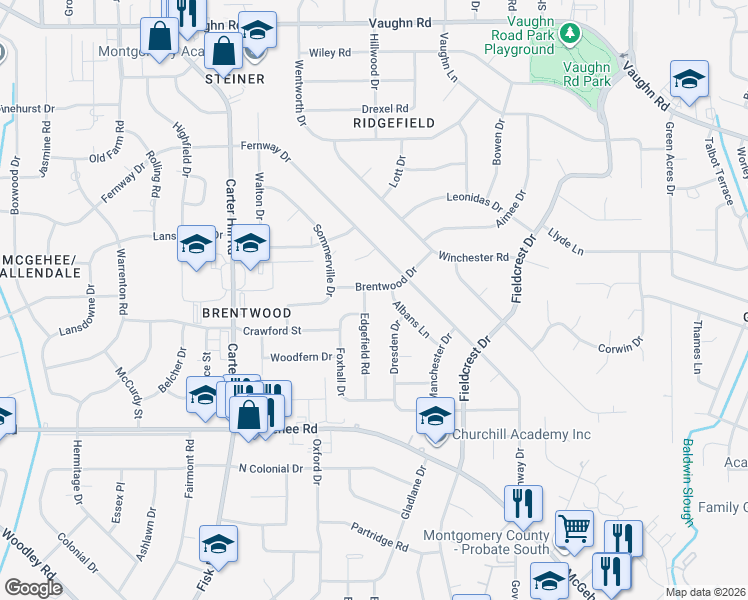 map of restaurants, bars, coffee shops, grocery stores, and more near 3215 Brentwood Drive in Montgomery