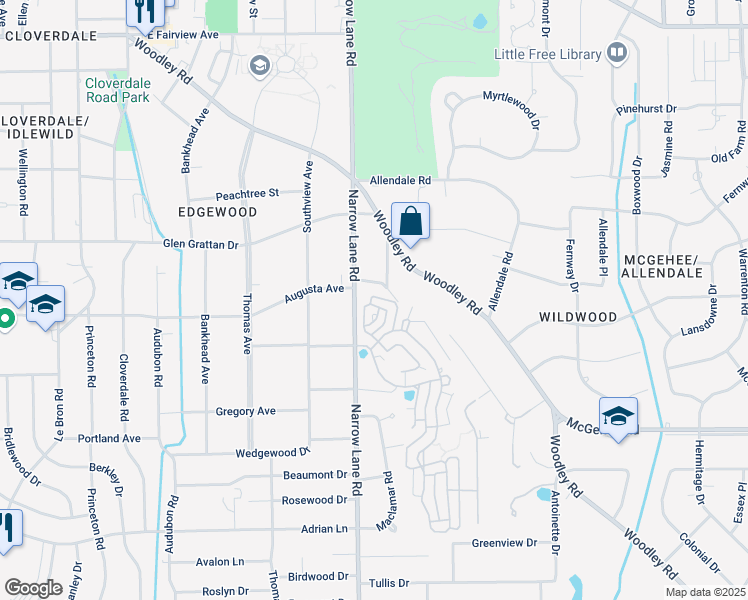map of restaurants, bars, coffee shops, grocery stores, and more near 3400 Dartmouth Circle in Montgomery