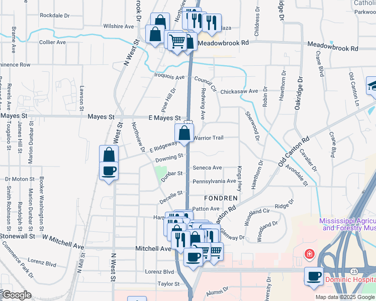 map of restaurants, bars, coffee shops, grocery stores, and more near 3826 North State Street in Jackson