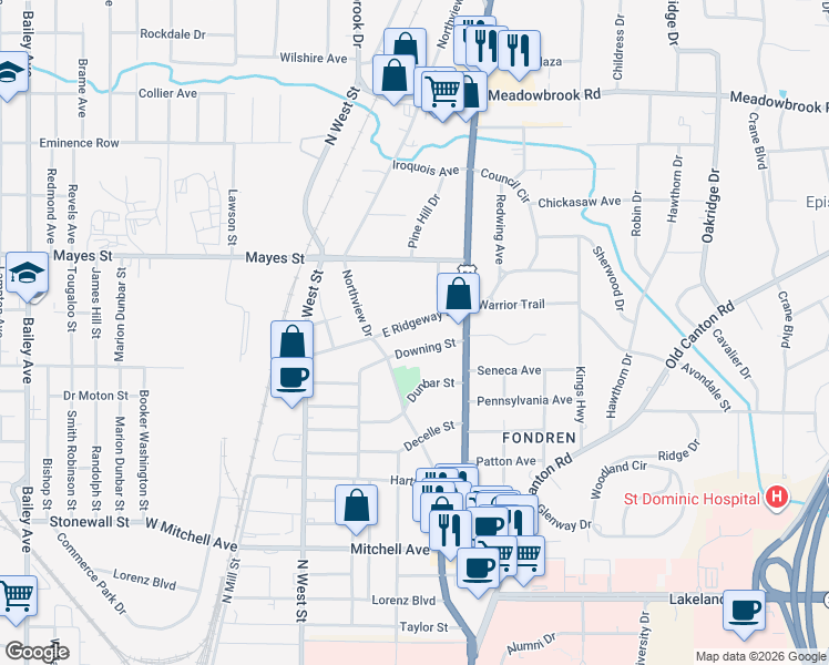 map of restaurants, bars, coffee shops, grocery stores, and more near 476 East Ridgeway Street in Jackson