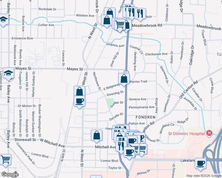 map of restaurants, bars, coffee shops, grocery stores, and more near 428 East Ridgeway Street in Jackson