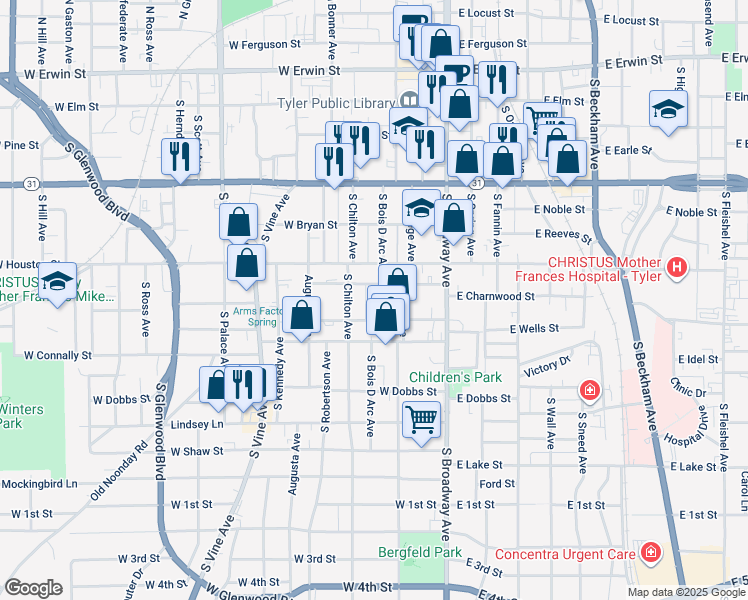 map of restaurants, bars, coffee shops, grocery stores, and more near 332 West Charnwood Street in Tyler