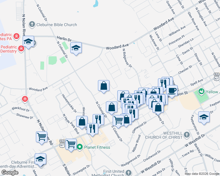 map of restaurants, bars, coffee shops, grocery stores, and more near 1616 West Henderson Street in Cleburne