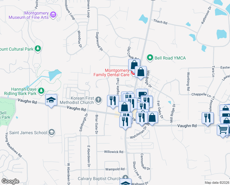 map of restaurants, bars, coffee shops, grocery stores, and more near 2632 Crossgate Trail in Montgomery