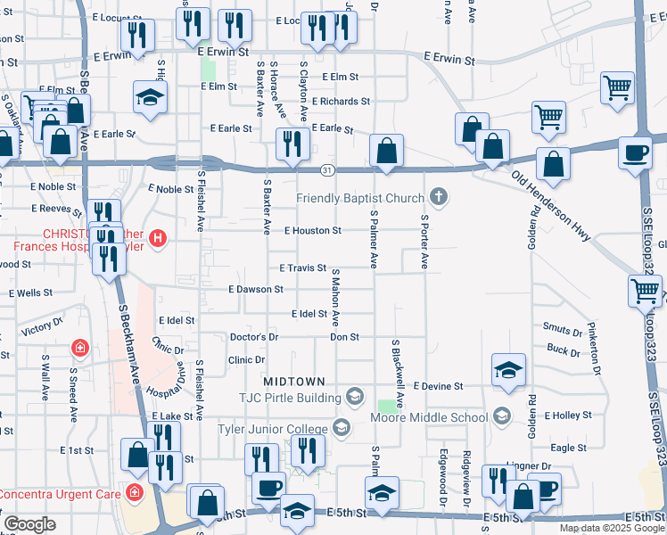 map of restaurants, bars, coffee shops, grocery stores, and more near 1504 East Travis Street in Tyler