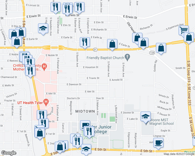 map of restaurants, bars, coffee shops, grocery stores, and more near 1515 East Travis Street in Tyler