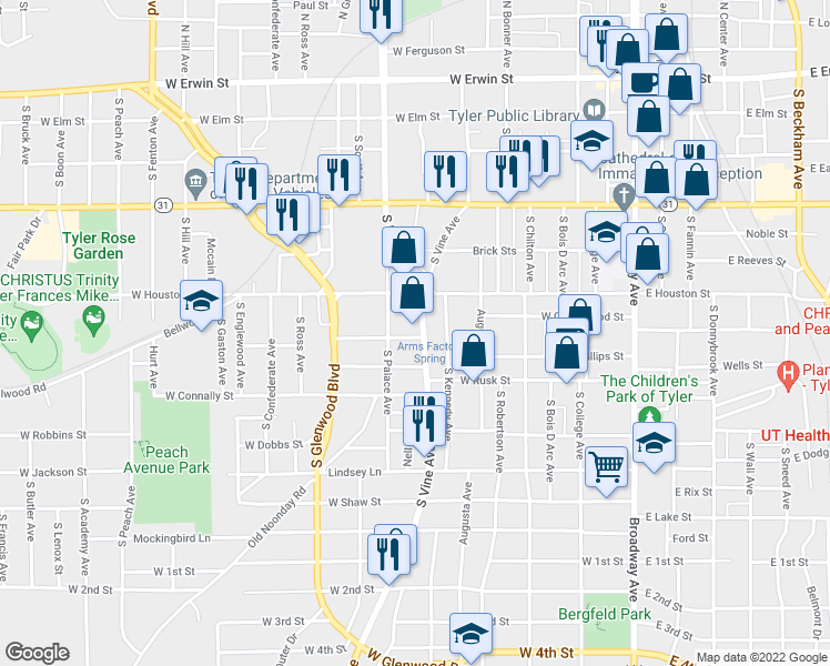 map of restaurants, bars, coffee shops, grocery stores, and more near 635 South Vine Avenue in Tyler