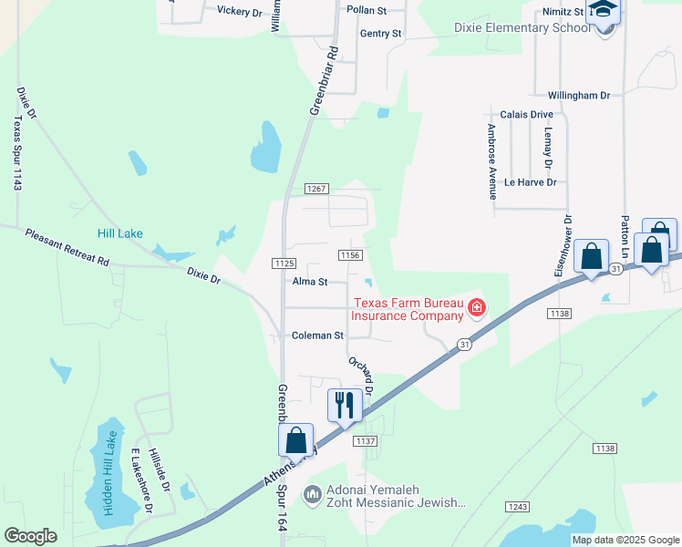 map of restaurants, bars, coffee shops, grocery stores, and more near 12601 Oakvale Drive in Tyler