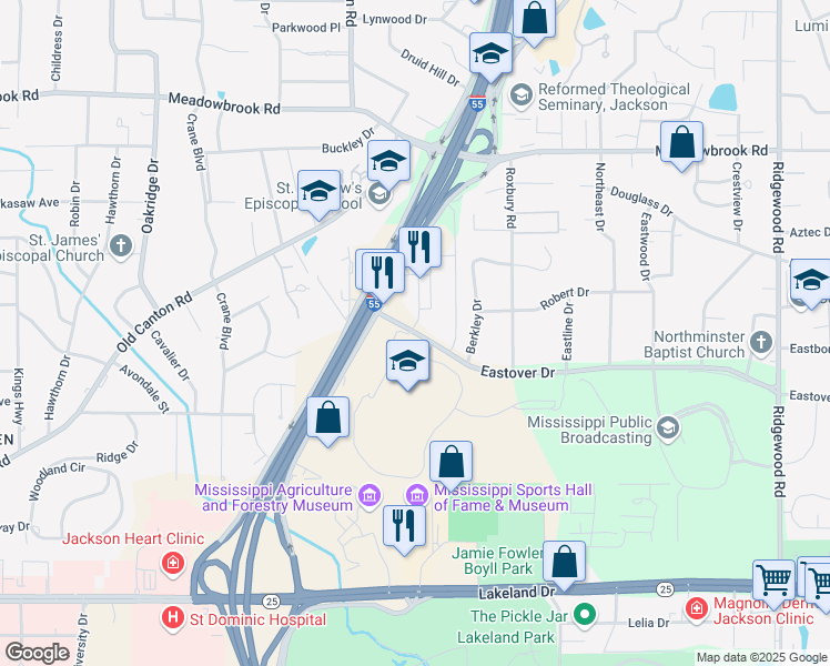 map of restaurants, bars, coffee shops, grocery stores, and more near 1253 Eastover Drive in Jackson