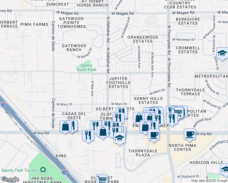 map of restaurants, bars, coffee shops, grocery stores, and more near 7449 North Bradley Place in Tucson