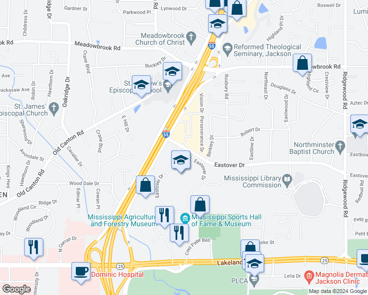 map of restaurants, bars, coffee shops, grocery stores, and more near 1253 Eastover Drive in Jackson