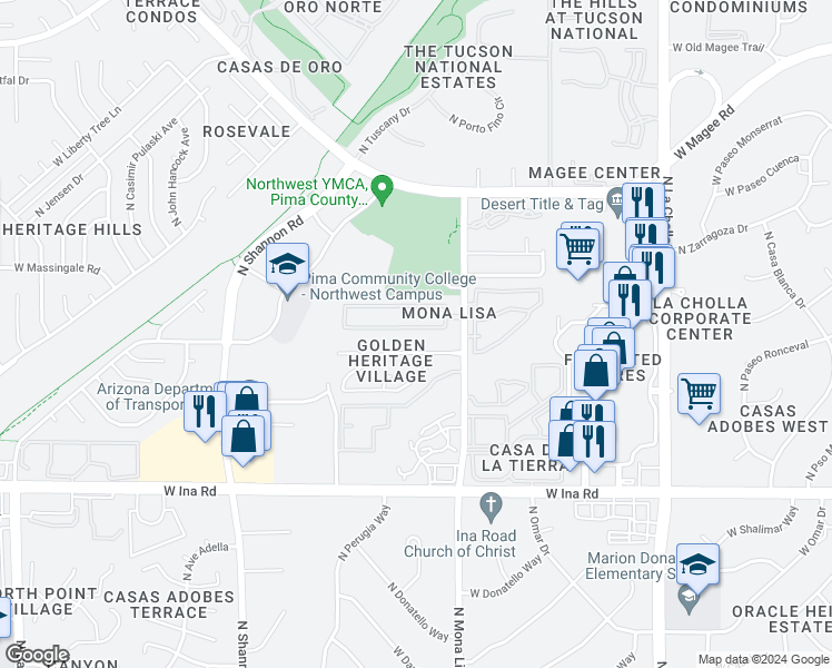 map of restaurants, bars, coffee shops, grocery stores, and more near 2640 West Cezanne Circle in Tucson