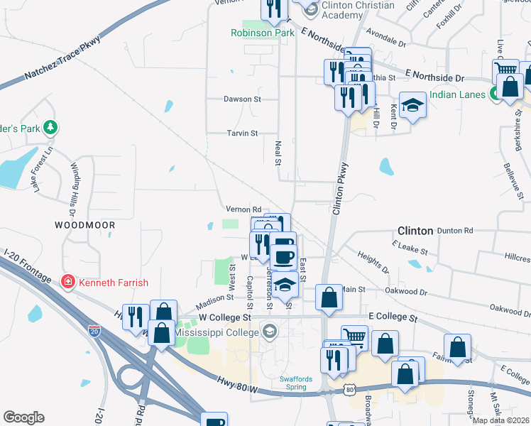 map of restaurants, bars, coffee shops, grocery stores, and more near 201 West Leake Street in Clinton