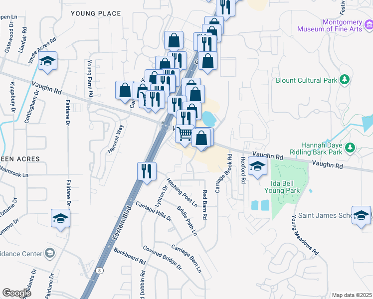 map of restaurants, bars, coffee shops, grocery stores, and more near 2800 Vaughn Plaza Road in Montgomery