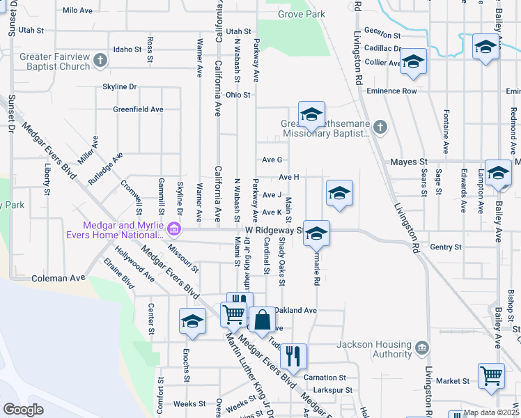 map of restaurants, bars, coffee shops, grocery stores, and more near 1831 Avenue J in Jackson