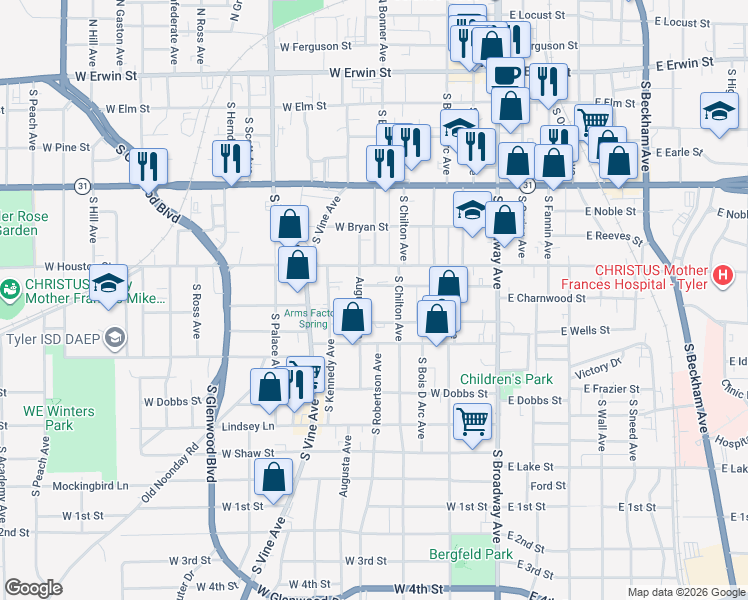 map of restaurants, bars, coffee shops, grocery stores, and more near 518 West Charnwood Street in Tyler