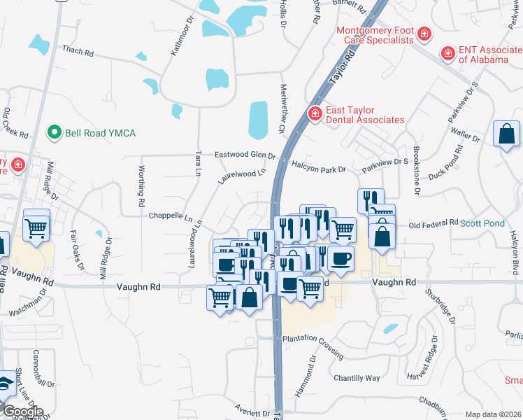 map of restaurants, bars, coffee shops, grocery stores, and more near in Montgomery