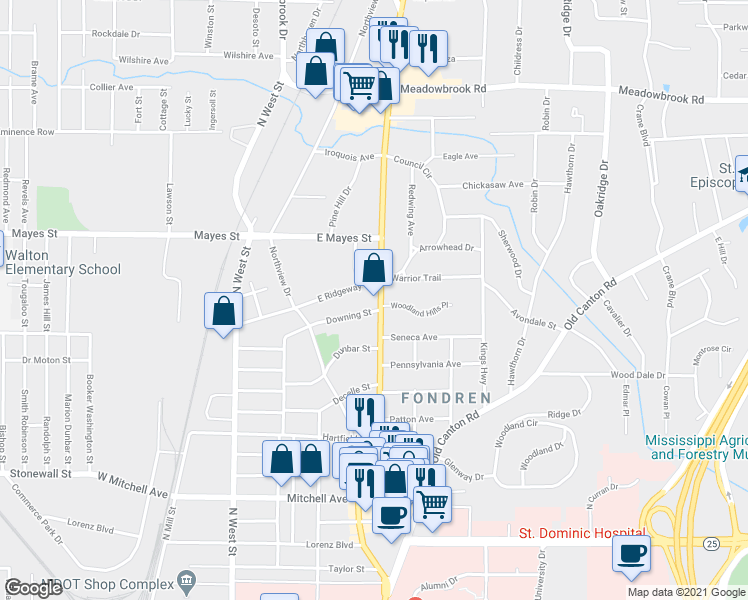 map of restaurants, bars, coffee shops, grocery stores, and more near 3826 North State Street in Jackson