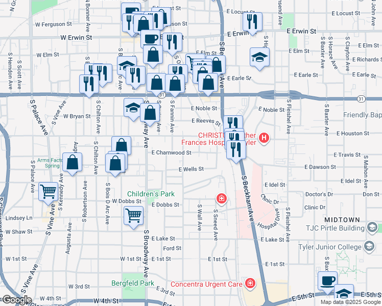 map of restaurants, bars, coffee shops, grocery stores, and more near 617 Niblack Place in Tyler