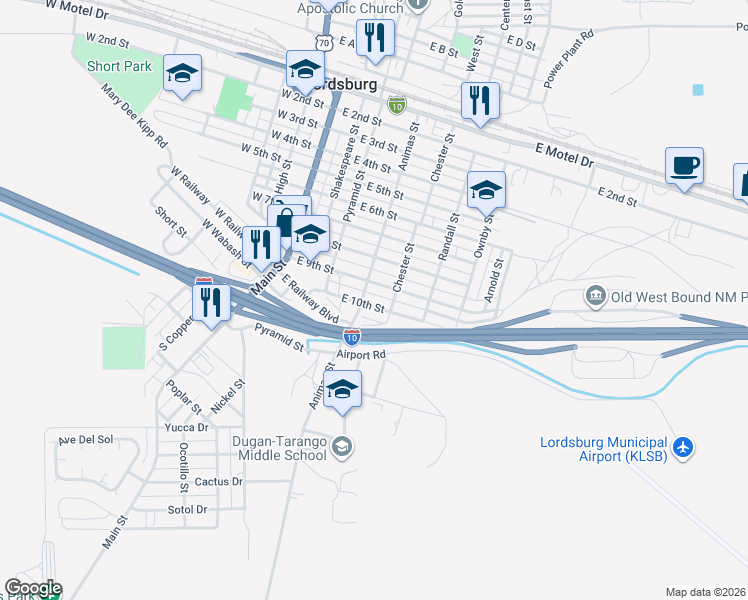 map of restaurants, bars, coffee shops, grocery stores, and more near 401-499 E 9th St in Lordsburg