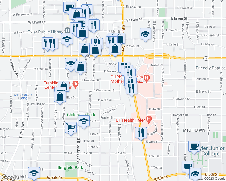 map of restaurants, bars, coffee shops, grocery stores, and more near 511 East Charnwood Street in Tyler