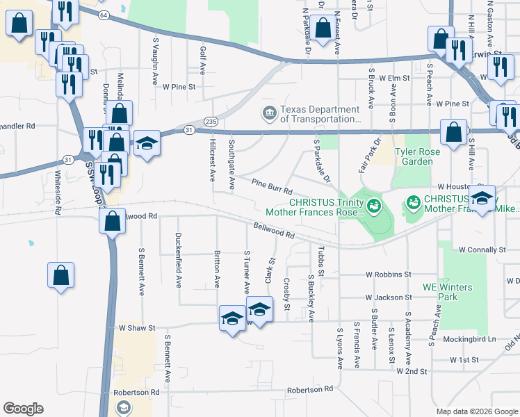 map of restaurants, bars, coffee shops, grocery stores, and more near 2807 Pin Oak St in Tyler