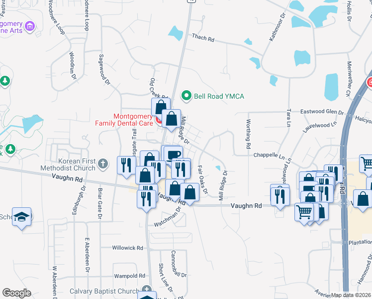 map of restaurants, bars, coffee shops, grocery stores, and more near 2603 Royal Downing Court in Montgomery