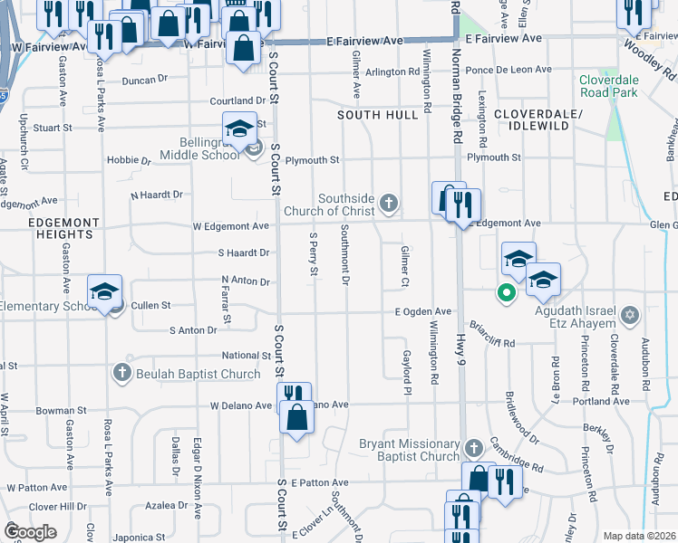 map of restaurants, bars, coffee shops, grocery stores, and more near 3444 Southmont Drive in Montgomery