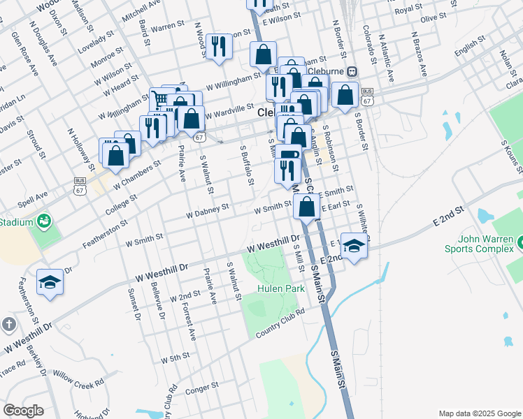 map of restaurants, bars, coffee shops, grocery stores, and more near 302 West Smith Street in Cleburne