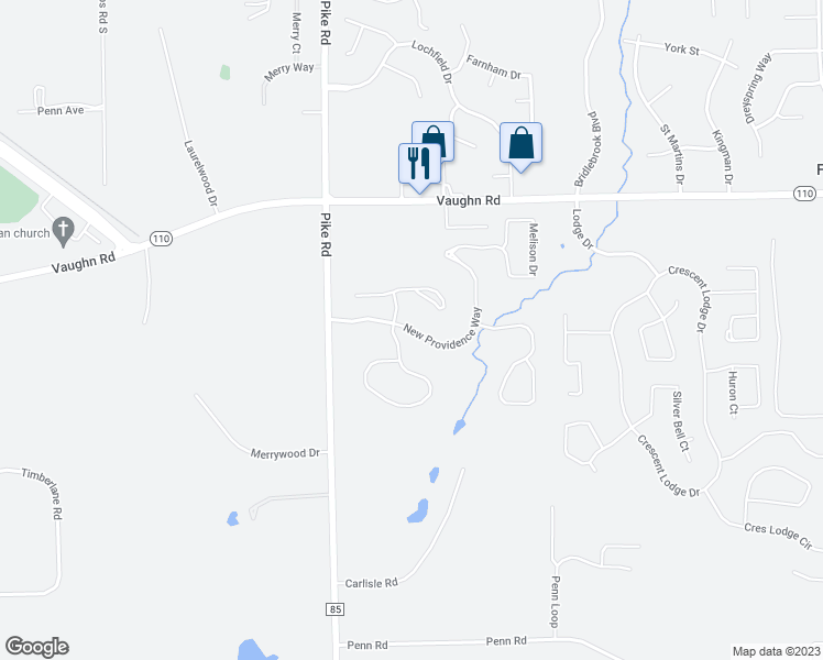 map of restaurants, bars, coffee shops, grocery stores, and more near New Providence Way in Pike Road